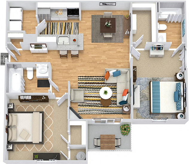 Floor plan for 2 beds, 2 baths, 1000 sqft